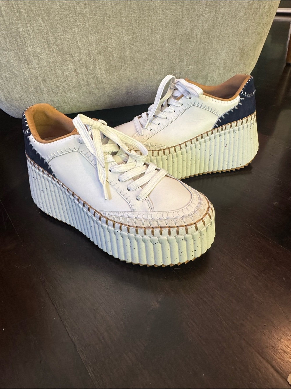 Chloé Nama Wedge Sneakers Platform Lace-Up with Navy Heel Accent